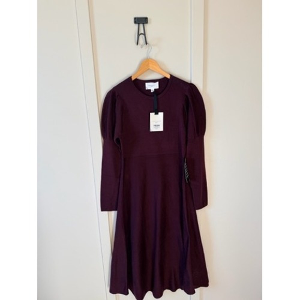 Pomander Place Brielle Sweater Dress Burgundy Puff Sleeve Midi Winetasting soft